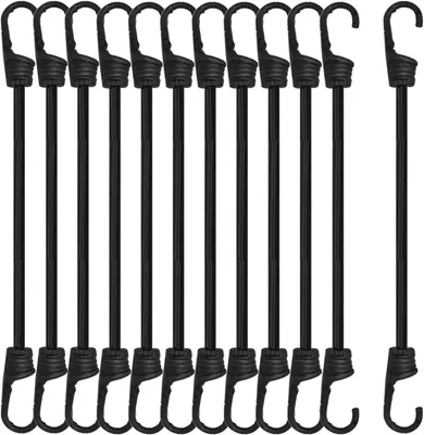 Produktbild von 12 robuste 30 cm lange Gummiseile mit Haken zur Sicherung von Gepäck, Motorrädern und Campingplätzen