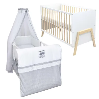 Produktbild von Babybett Kinderbett Gitterbett Juna 60x120 Weiß Schutzgitter Matratze Bettwäsche Set 10tlg Zebra
