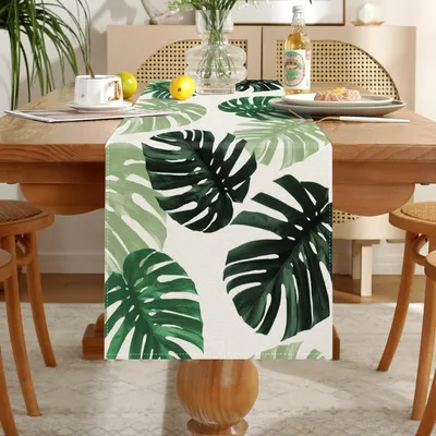 Obrázok produktu pre Dekoratívna látka s motívom listov monstery, zelená, 40x140 cm, ľan, umývateľná, vintage štýl