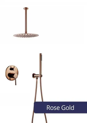 Obrázek produktu pro Sprchový systém "Regendusche" - sprchová sada s baterií - kulová sprchová hlavice o průměru 30 cm - směšovací ventil s přepínačem (2 směry) - ruční sprcha - montáž na stěnu - barva: růžové zlato