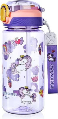 Imagen del producto de Botella para niños, 600 ml, sin BPA, color azul, con tapa abatible a prueba de fugas, ideal para deportes