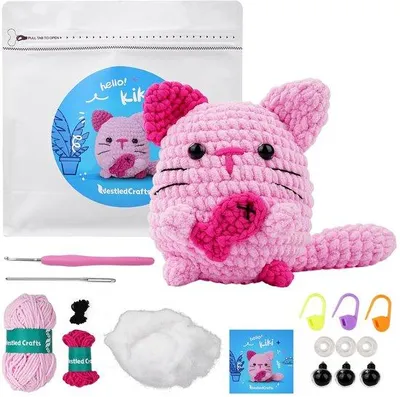 Zdjęcie produktu dla Zestaw do szydełkowania dla początkujących, kompletny zestaw startowy do amigurumi z filmami instruktażowymi, zestaw do samodzielnego wykonania na szydełku dla dzieci i dorosłych, prezent dla miłośników rękodzieła (kot)