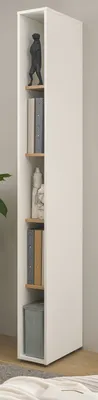 A tall, narrow white shelving unit with wooden shelves, displaying books and decorative items.