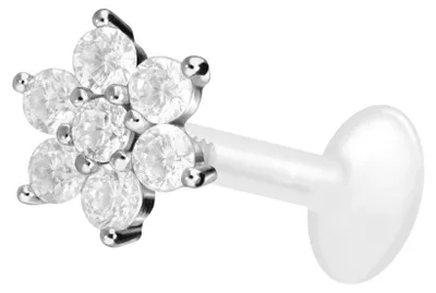 Produktbild von Ohrpiercing, Nasenpiercing PTFE Labret mit Innengewinde + Titan-Aufsatz KRISTALLBLUME Silber Stablänge: 6mm | Stabstärke: 1,2mm