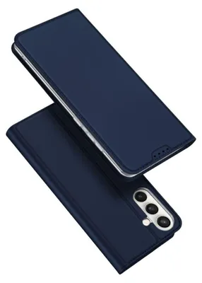 A dark blue flip case for a smartphone, shown from a diagonal angle with the front cover open.