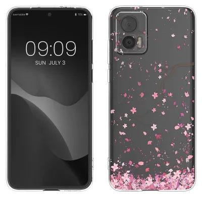 Produktbild von kwmobile Case kompatibel mit Motorola Edge 30 Neo - Hülle Silikon transparent Kirschblütenblätter Rosa Dunkelbraun Transparent