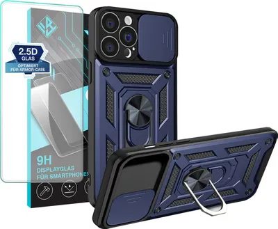 Produktbild von Armor Handyhülle für Apple iPhone 13 Pro Max mit 9H Displayglas Displayschutz Kameraschutz Handy Panzer Case Cover Schutzhülle Outdoor Farbe: Blau