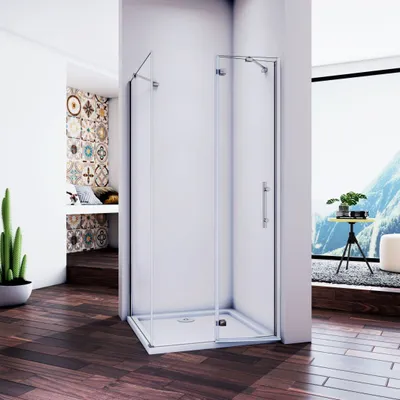 Produktbild von 120cm Tür x 70cm Seitenwand H.195cm Pendeltür Scharniertür Duschkabine Duschabtrennung 6mm NANO ESG-Glas eckig Duschtür