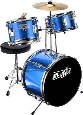 Productafbeelding van Famanu kinderdrumstel, metallic blauw - 3-delig - met bekkens, pedaal, krukje en drumstokken