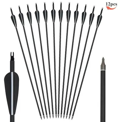 Obrázok produktu pre Uhlikové šípy na lukostrelbu – sada 12 kusov, lovecké šípy pre lúk s výhybkami – dĺžka 80 cm, zmiešaný uhlíkový hriadeľ – tuhosť 500-550 – priemer 7,8 mm – plastové perá, čierna farba