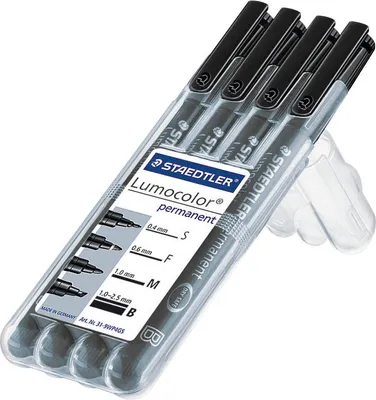 Produktbild von STAEDTLER Lumocolor Folienstifte schwarz 0,4 + 0,6 + 1,0 + 2,5 mm permanent, 4 St.