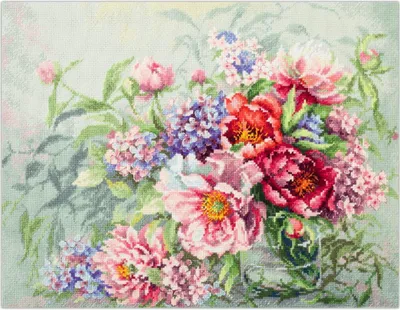 Image de Kit de broderie au point de croix Magic Needle Zweigart Edition « Pivoines et hortensias », 40 x 30 cm