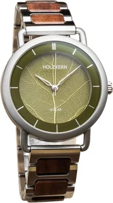 Holzkern Herrenuhr Solar Lauri Walnuss/Blatt Grün 1