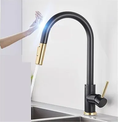 Produktbild von Sensor Küchenarmatur mit herausziehbarem Sprüher, mit 2 Strahlarten, Küchenarmatur mit 360-Grad-Drehgelenk, mattschwarzer Edelstahl, hoher Lichtbogen