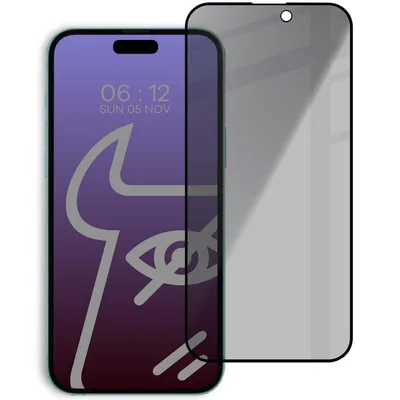 Produktbild von Bizon Glass Edge Shadow Privacy Panzerglas für iPhone 15 Pro Max, getönt mit schwarzem Rahmen