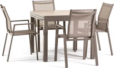 Image de Set de repas d'extérieur avec table extensible 90/180x90 cm et 6 chaises empilables en aluminium et textilène - design moderne et robuste, idéal pour le jardin, la terrasse et les espaces extérieurs couverts - MARK+DINA