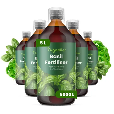 Obrázok produktu pre Tekuté hnojivo pre bazalku, 5 x 1 liter – vzorec NPK 2-1-8 – vhodné pre bylinky a zeleninu – pre silné listy a aromatické bylinky – značka Organifer