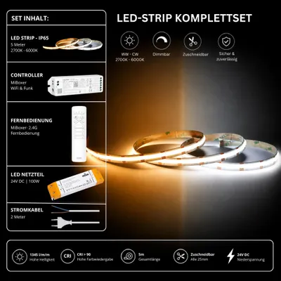 Produktbild von LED Streifen Set CCT IP65 – COB LED Streifen 24V, 16 W/m, 1345 lm/m, 5m, 2700-6000K – SS100 Netzteil, WL5 WiFi Controller und C1 Fernbedienung Weiß