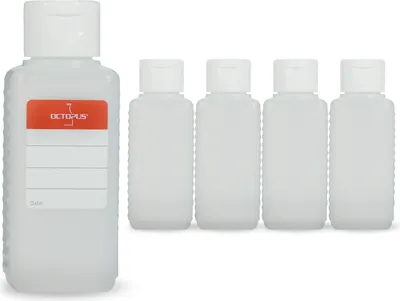 Produktbild von 5 Plastikflaschen 100 ml eckig aus HDPE, natur, G25, Klappscharnierverschluss aus PP weiss