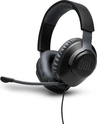 A black and gray JBL Quantum 100 headset with a microphone is shown against a white background.