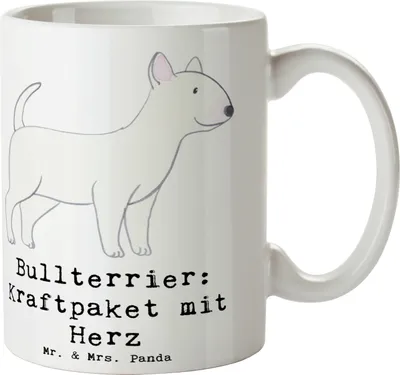 Produktbild von Mr. & Mrs. Panda Tasse Bullterrier Kraftpaket - Weiß - Geschenk, Hundeliebhaber, Hund, Becher, haferl, Pott, Kaffeebecher, Kaffeetasse, loyale Hunde, Hunderasse, Herz