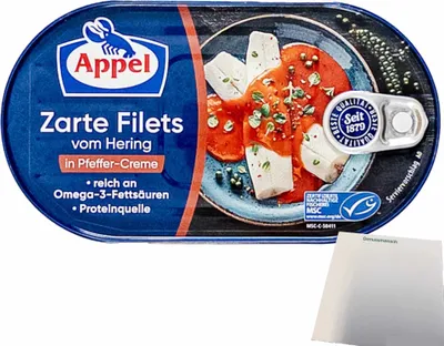 Produktbild von Appel Heringsfilets Zarte Filets vom Hering in Pfeffer-Creme (200g Dose) + usy Block