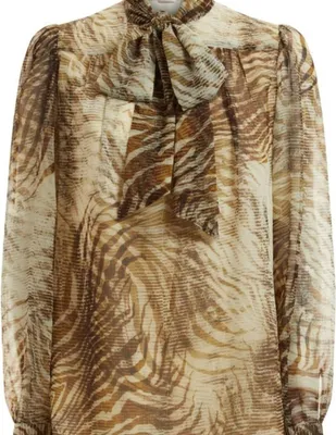 Imagen del producto de Blusa de mujer GUESS, modelo Nadine, corte regular, color beige, estampado de animales, talla L