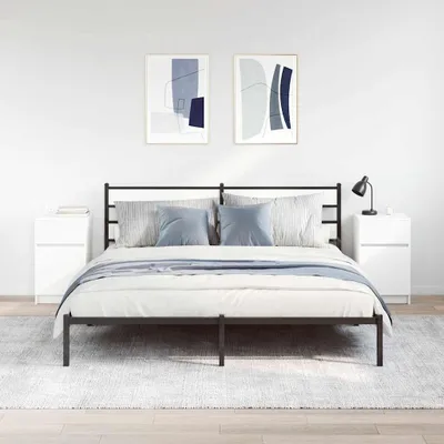 A bedroom scene with a bed, nightstands, and artwork.