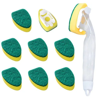 Spülbürste mit Griff, 9 Ersatzschwämme, Wandhaken, grün