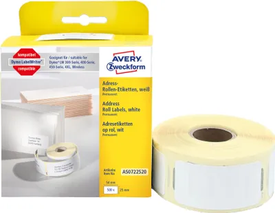 Produktbild von Avery Zweckform AS0722520, Rollen-Etiketten, 25 x 54  mm, 500 Etiketten / 1 Rolle, weiß