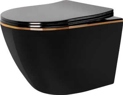 A black wall-mounted toilet with a gold trim.