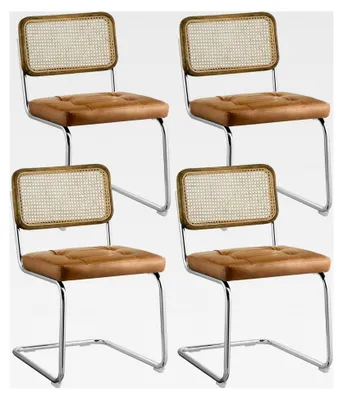 Produktbild von 4er Set Schwingstühle mit Eichenholz und Wiener Geflecht - Gelbbraun Rattan Freischwinger mit Kunstledersitz und Metallgestell