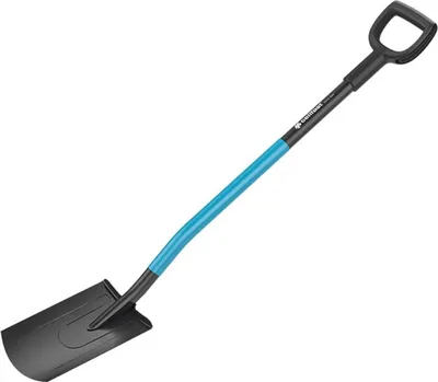 A shovel with a black blade and a blue handle is shown against a white background.
