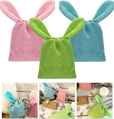 Produktbild von Oblique Unique 3 Osterhasen Jute Beutel mit Ohren zum Knoten Farbmix Osterhasen Tasche Ostern Jutesäckchen Stoffbeutel Osterdeko