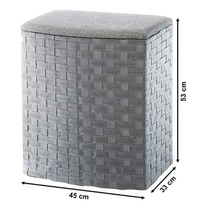 A grey woven laundry hamper with a padded lid, shown with dimensions indicated.