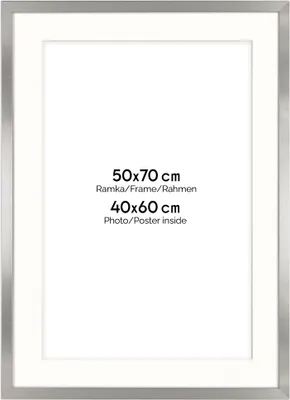 Immagine prodotto di Cornice FRAMAI® 50x70 cm in argento - con passe-partout - telaio in legno MDF, plexi infrangibile, ecologico, con sospensione - formato verticale e orizzontale