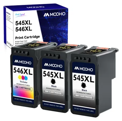 A box of printer cartridges and three cartridges are displayed.