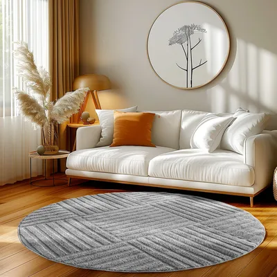 Produktbild von Homebyhome Hochflor Teppich Wohnzimmer Skandinavische Boho Design 3D Optik Teppich Shaggy Flauschig Weich, Grösse: 120 cm Rund