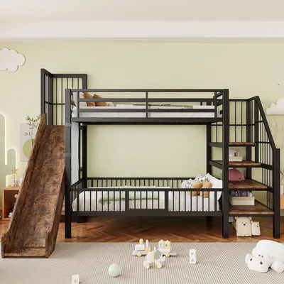Image de Lit superposé Flieks 90 x 200 cm avec barrière de sécurité et porte, lit enfant avec toboggan, lit mezzanine enfant avec escalier et espace de rangement, lit simple en métal noir