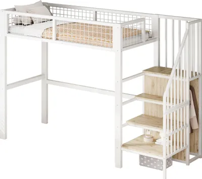 Produktbild von Hochbett mit Lattenrost und Rausfallschutz, 90x200 cm, Metallbett mit Kleiderschrank, Jugendbett