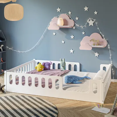 Produktbild von Monte Bodenbett 140x200 cm Weiß, Rausfallschutz abnehmbar, Kinderbett Flexibel Umbaubar zum Jugendbett Montessori Design 2 Eingänge, Massivholz, inkl. Lattenrost