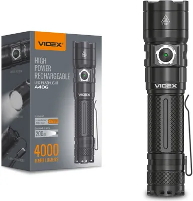 A product box and the flashlight it contains are shown side-by-side.