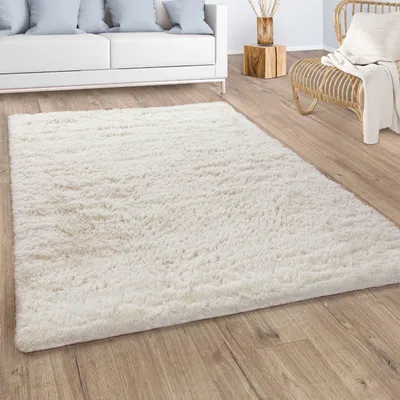 Produktbild von Hochflor Teppich Wohnzimmer Fellteppich Kunstfell Flauschig Rutschfest Creme Beige Grösse 140x200 cm