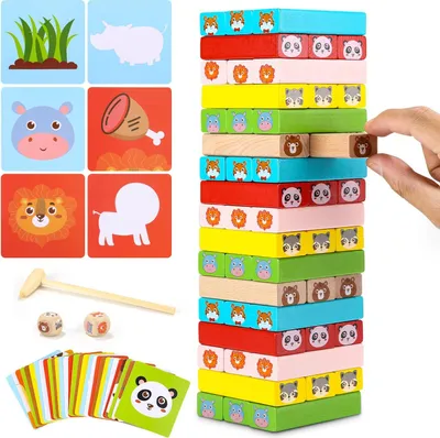 Produktbild von Schüttelturm-Spiel für Kinder (3+), Stapelturm-Holzbrettspiel, Holzspielzeug mit Farben und Tieren, pädagogisches Kinderspiel, Geburtstagsgeschenk