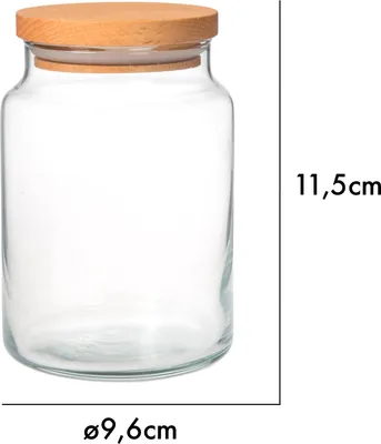 A clear, studio shot of a glass storage jar with a wooden lid, with dimensions indicated by text overlays.
