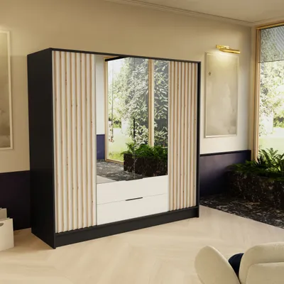 Produktbild von Drehtürenschrank NORI 200cm - Moderner Kleiderschrank mit Lamellen, Schubladen & Spiegel, Schwarz + Weiß
