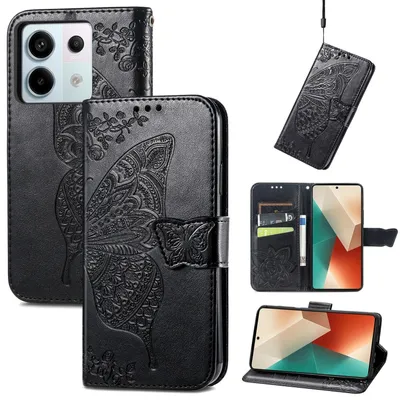 Produktbild von Für Xiaomi Redmi Note 13 Pro / Poco X6 Kunstleder Wallet Handy Tasche Schmetterling Design Schutz Hülle  Schwarz
