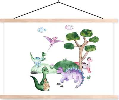 Produktbild von MuchoWow® Textilposter Kinderzimmer - Farben - Dinosaurier - Jungen - Mädchen - Kinder 60x40 cm mit holzfarbenen Rahmen - Bilder
