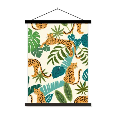 Produktbild von MuchoWow® Textilposter Dschungel - Leopard - Pflanzen - Muster - Mädchen - Jungen 90x120 cm mit schwarzem Rahmen - Dekoration