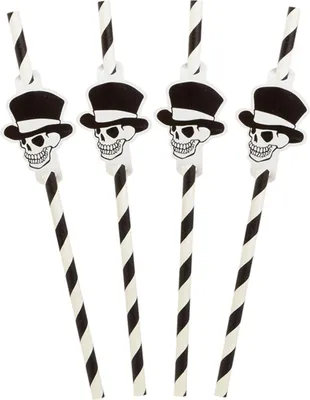 Obrázok produktu pre Halloweenske slamky s detailom lebky 8 kusov čiernobiele 20 cm -